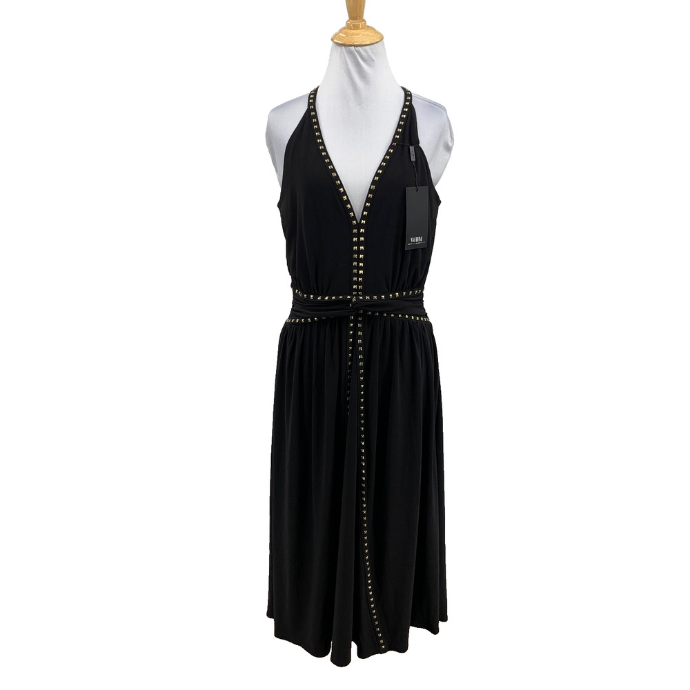 White House Black Market Dress Womens 10 Black Jersey Smocked Waist Studded Midi